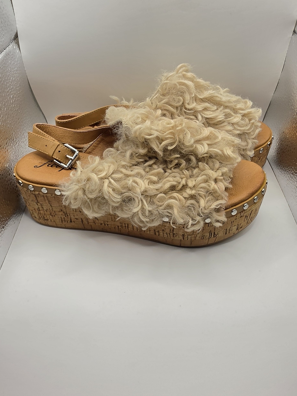 Free People Tan Faux-Shearling Cork Platform Sandals